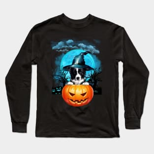 Border Collie Witch Hat Pumpkin And Blue Moon Halloween Long Sleeve T-Shirt